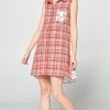 Red Plaid Sleeveless Shirt Dress Floral Back Detail