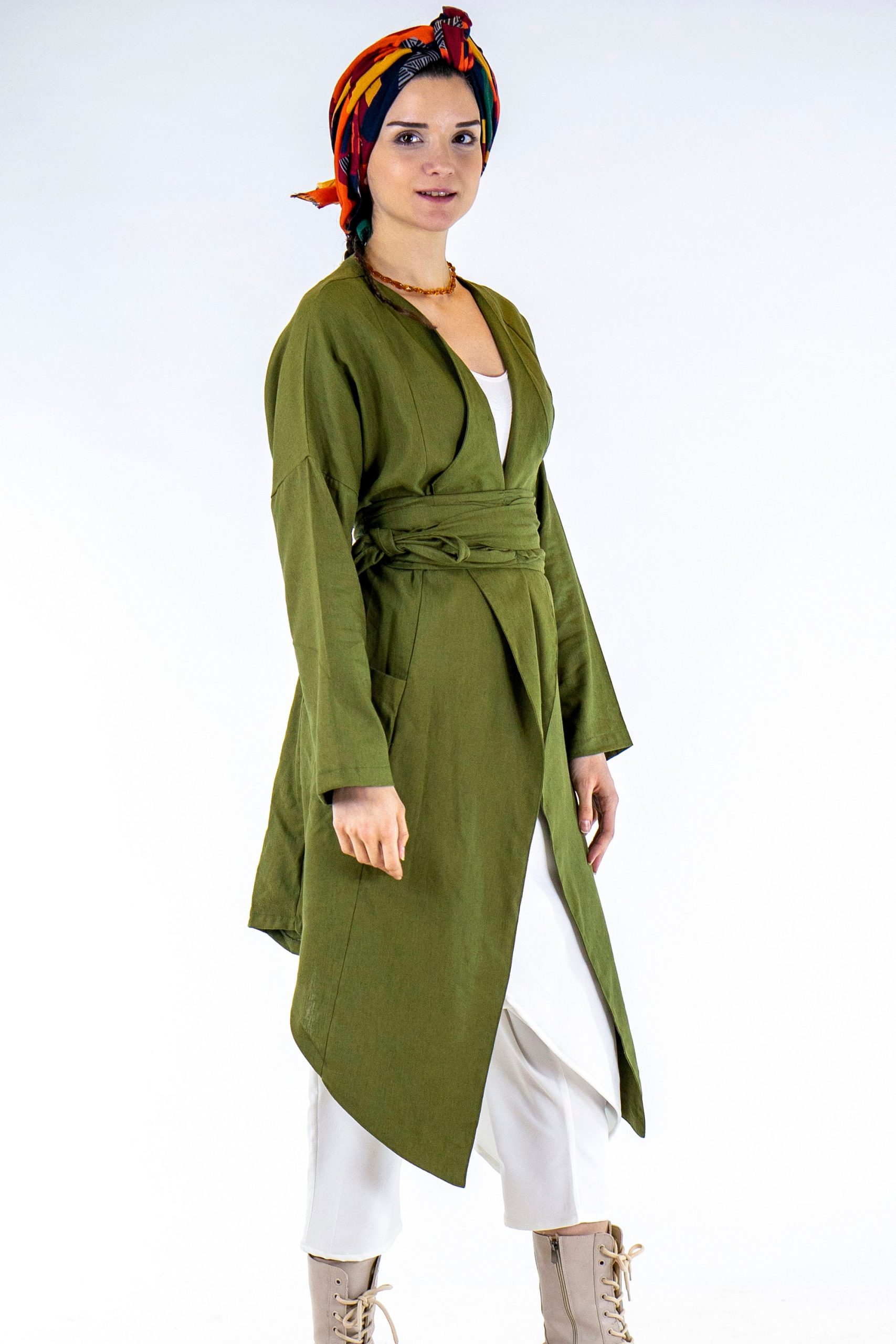 Jade Linen Kimono Bohemian Style Robe Dress Long