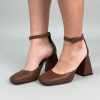 Brown Leather Square Toe Sandals With Chunky Heel